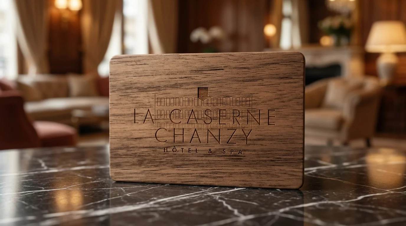 La Caserne Chanzy wooden key card with laser-engraved hotel branding on dark marble in boutique hotel lobby