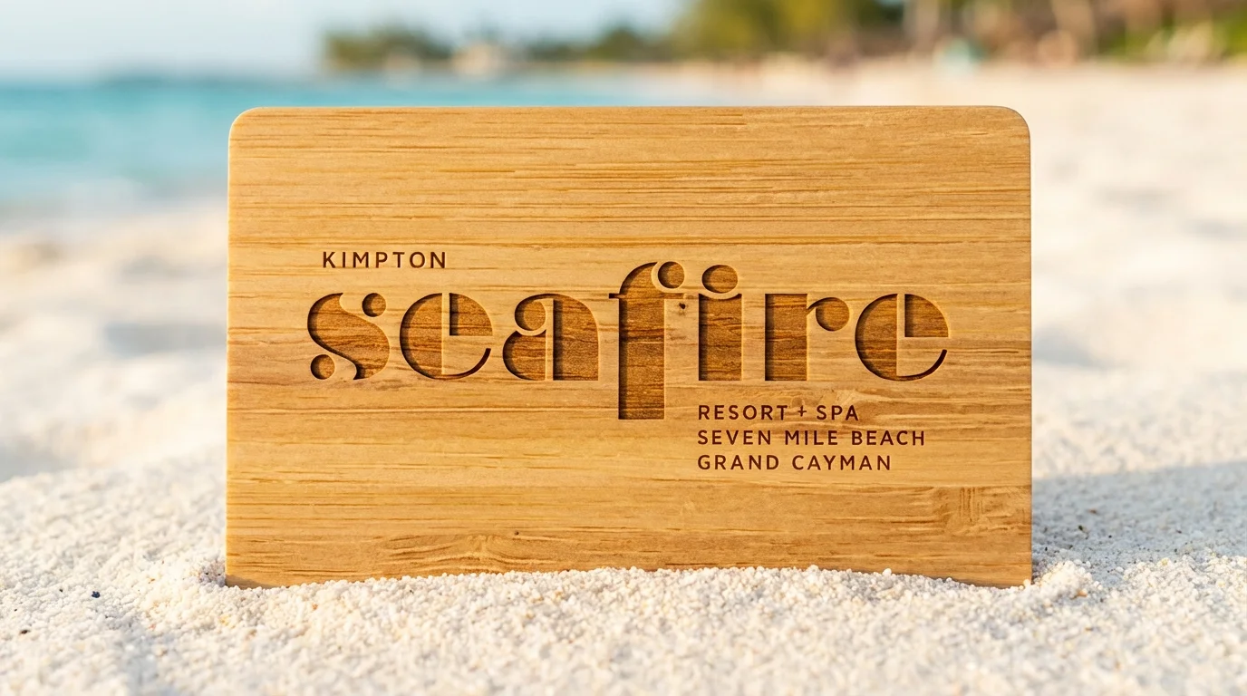 Kimpton Seafire wooden key card on white Caribbean sand with turquoise ocean