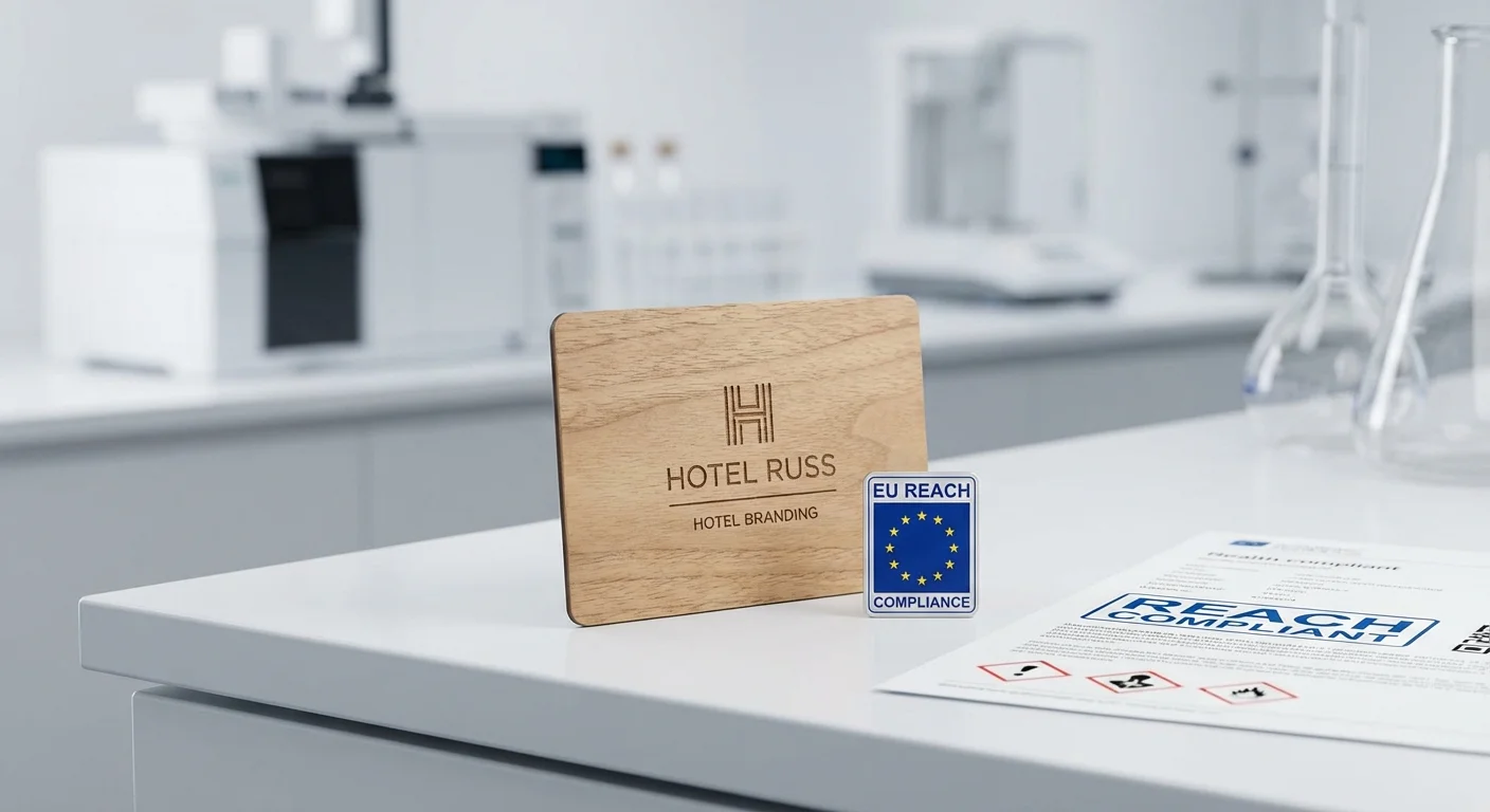 Wooden hotel key card with EU REACH compliance certification in quality assurance laboratory
