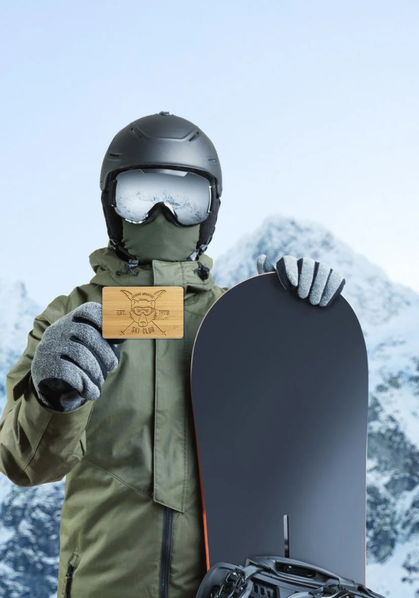 Eco-friendly wooden hotel key card designed for alpine ski resorts by PrintPlast