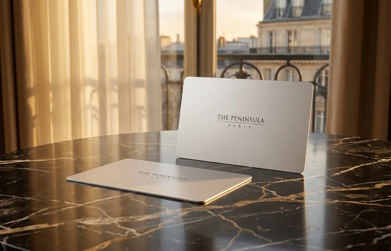The Peninsula Paris silver key cards on dark marble in luxury Parisian hotel suite at golden hour