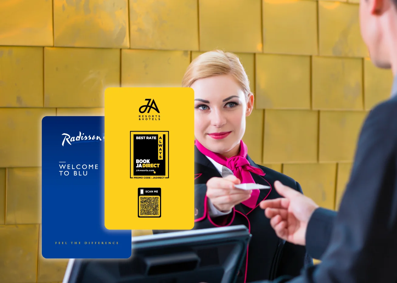 Saflok RFID key card with encrypted contactless security technology for hotel door access