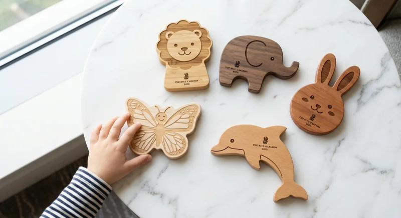 Collection of animal-shaped wooden key cards for children on marble surface