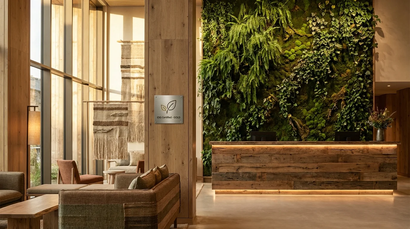 Sustainable hotel lobby with living green wall and ESG Gold certification plaque
