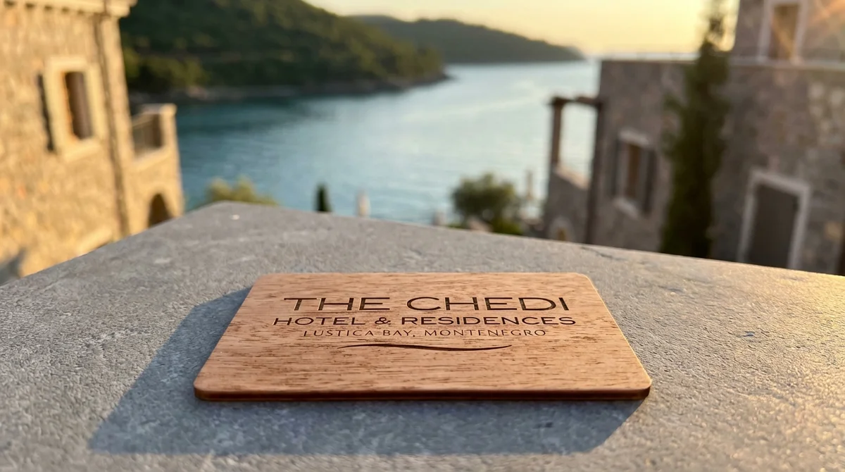 The Chedi Lustica Bay wooden RFID key card with hotel branding on natural wood
