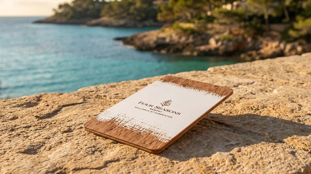 Four Seasons Mallorca sapele wood RFID key card with resort logo laser engraving