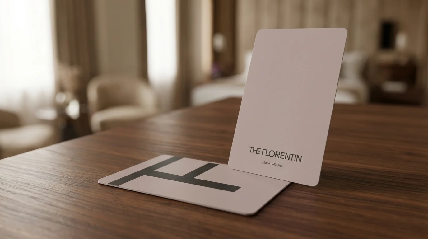 The Florentin Althoff Collection recycled PVC key cards with F monogram on walnut desk in boutique hotel
