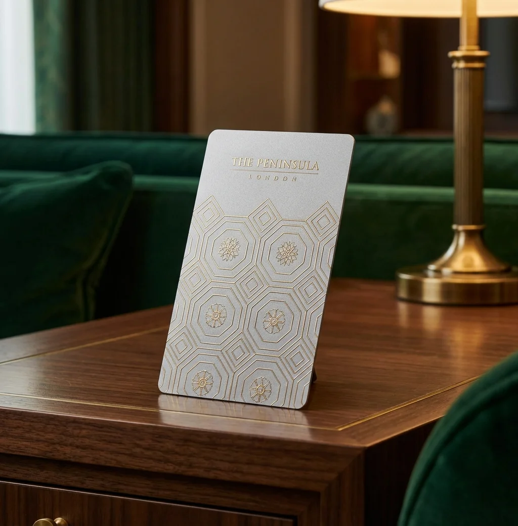 The Peninsula London gold hexagonal key card on walnut desk with green velvet and brass lamp
