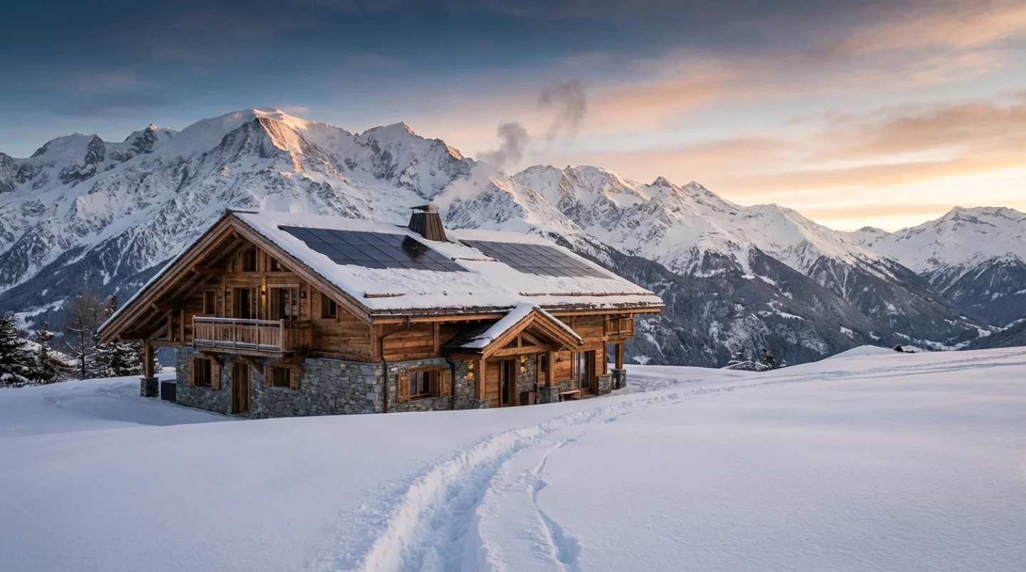 Sustainable alpine ski chalet at dawn with solar panels and snow-covered peaks