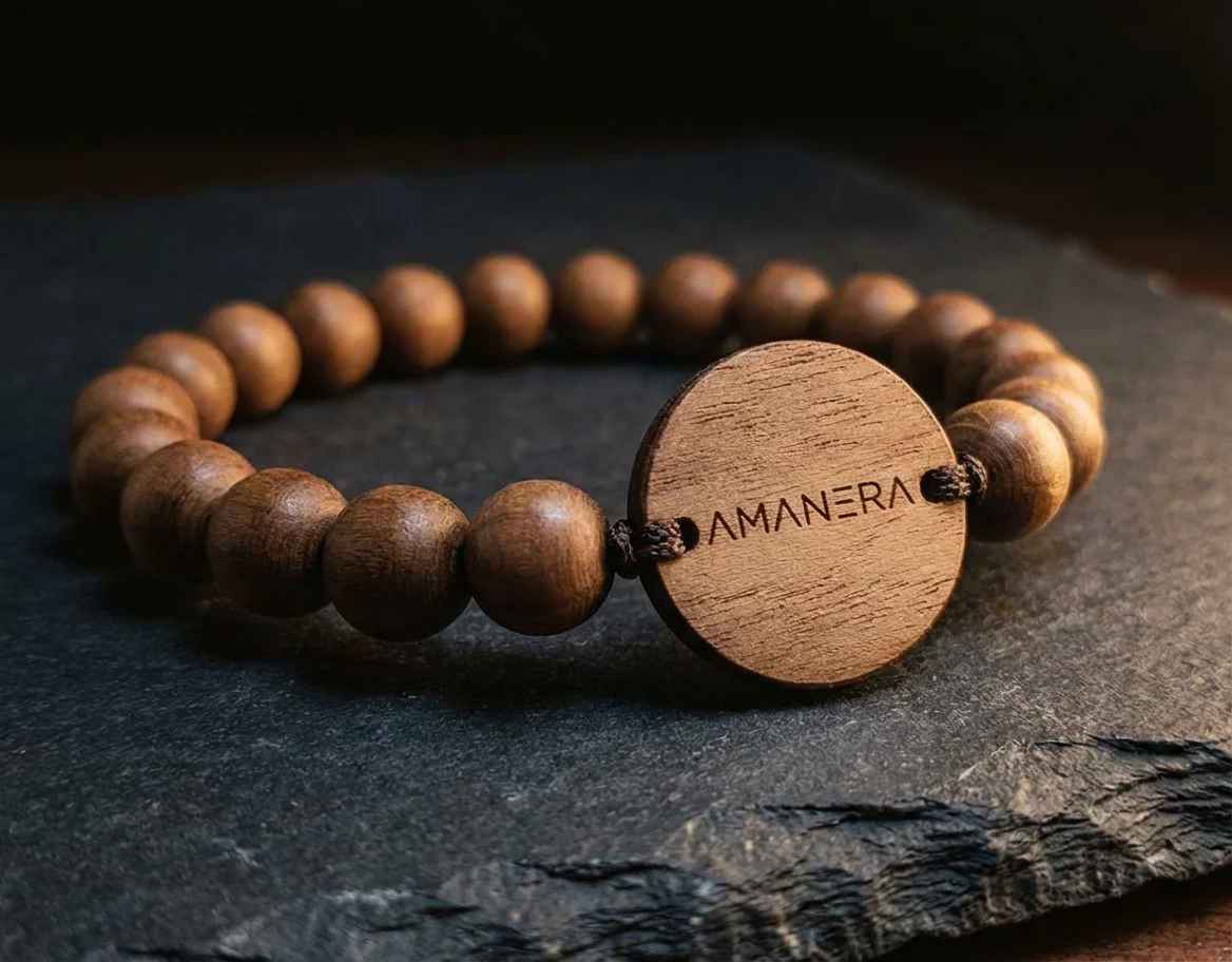 Amanera Black Rosewood bead wristband close-up showing polished beads and laser engraved oval RFID tag