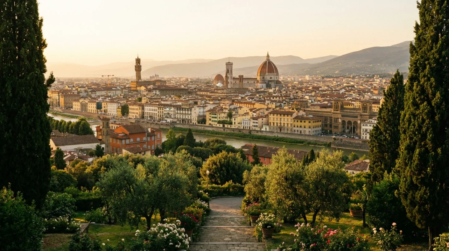 Stunning golden-hour panorama of Florence with the iconic Duomo dome