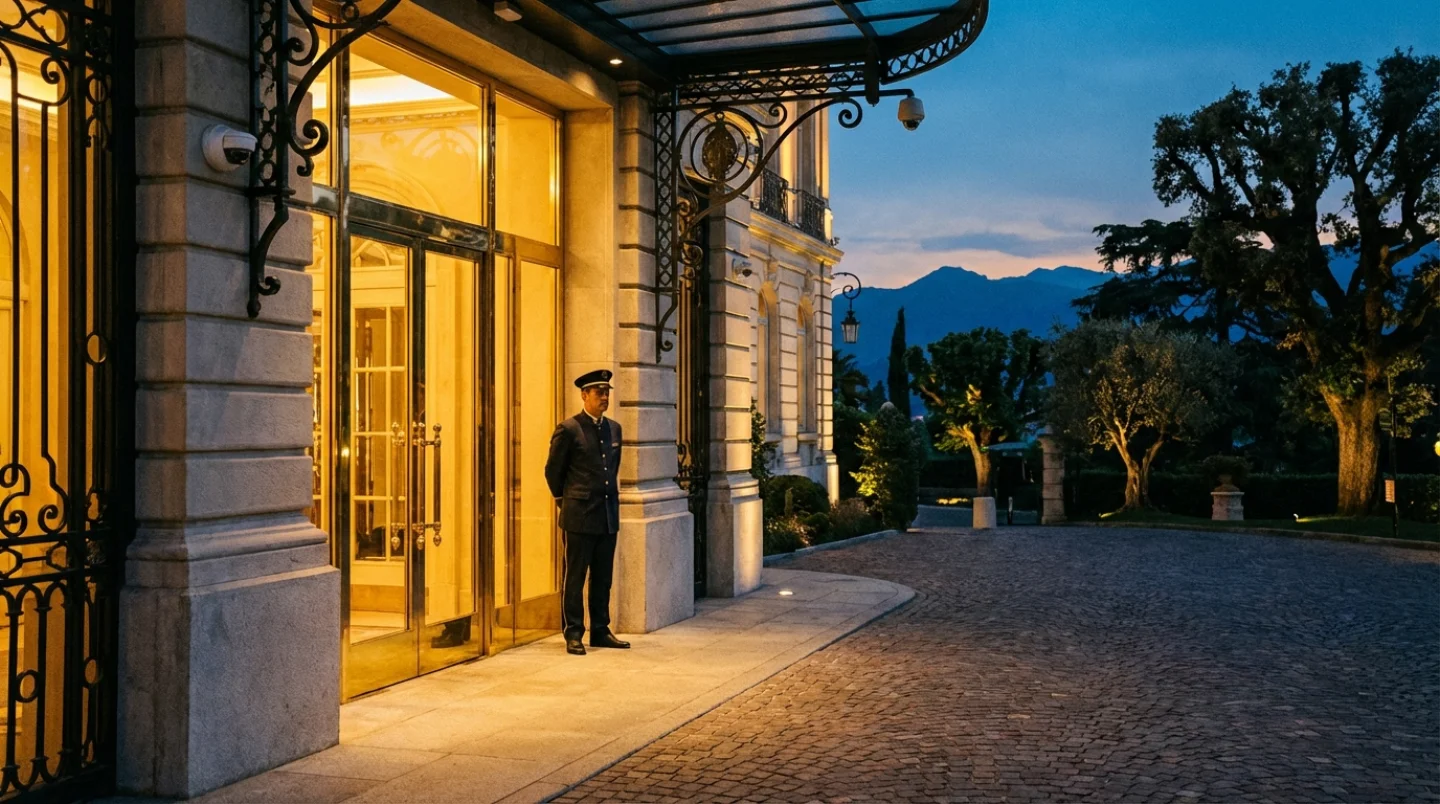 Grand luxury hotel entrance at twilight with warm light and elegant doors