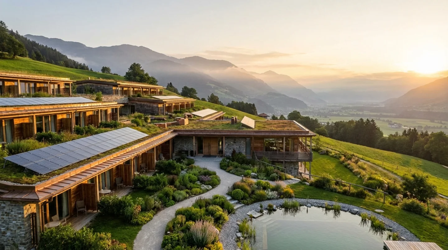 Innovative eco-hotel built into green hillside with living roofs