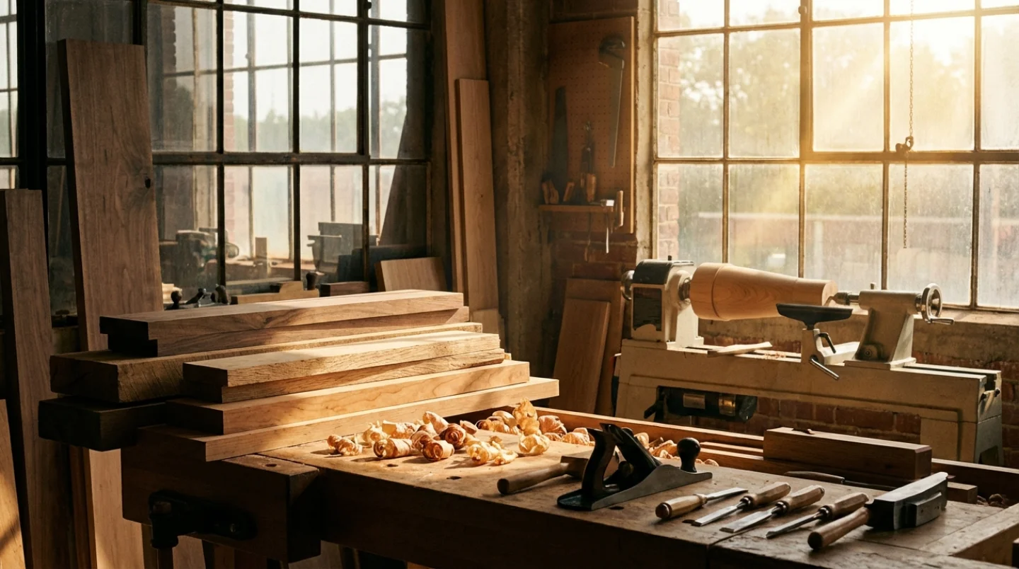 Master craftsman workshop with fine wood and precision tools in warm light