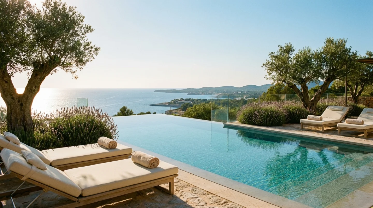Tranquil infinity pool overlooking the Mediterranean Sea in Mallorca