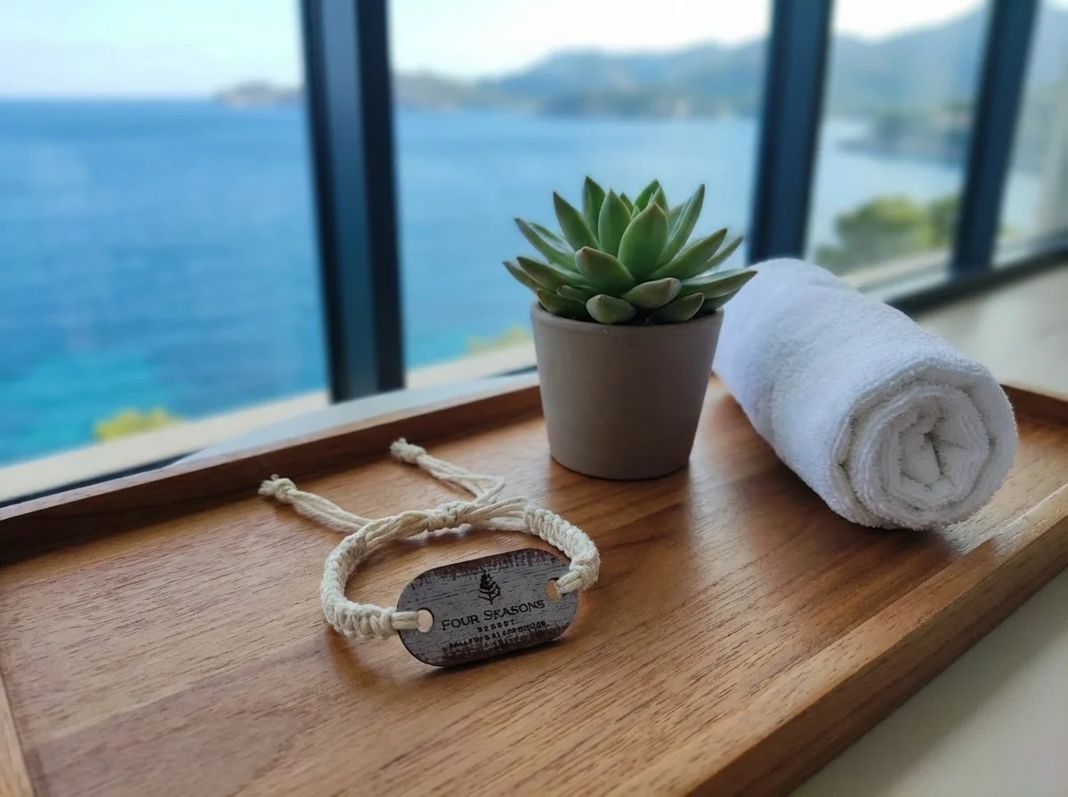 Four Seasons Mallorca RFID wristband with natural cream cotton strap on wooden spa tray with succulent and rolled towel