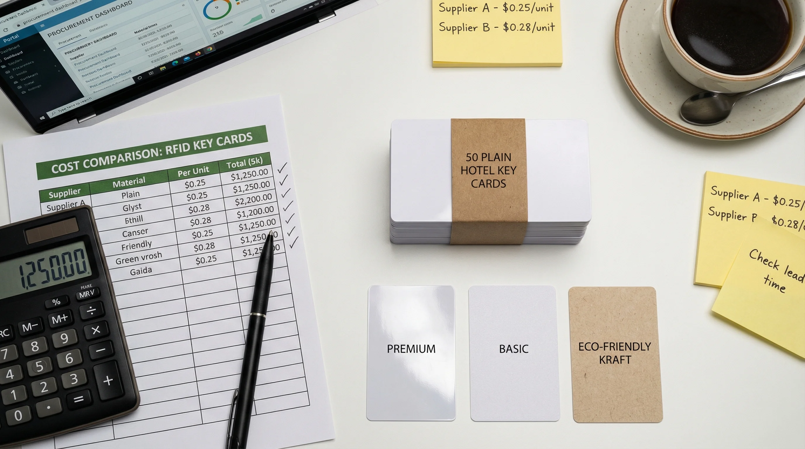 Hotel key card cost comparison spreadsheet with calculator and card samples