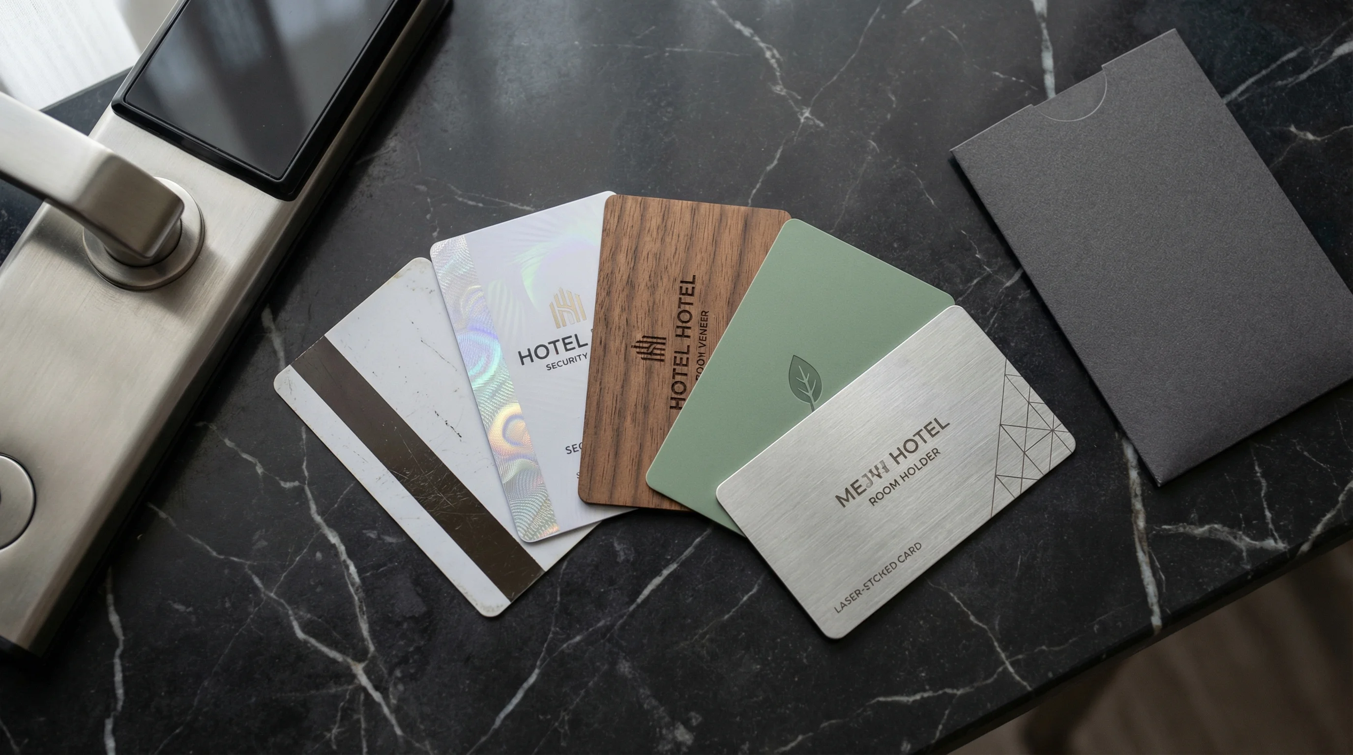 Different types of hotel key cards including magstripe, holographic RFID, wooden veneer, eco-friendly, and laser-etched metal