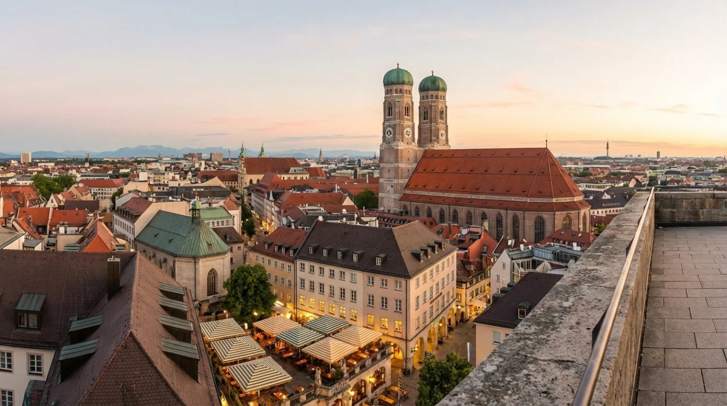 Munich historic old town with twin onion domes of Frauenkirche