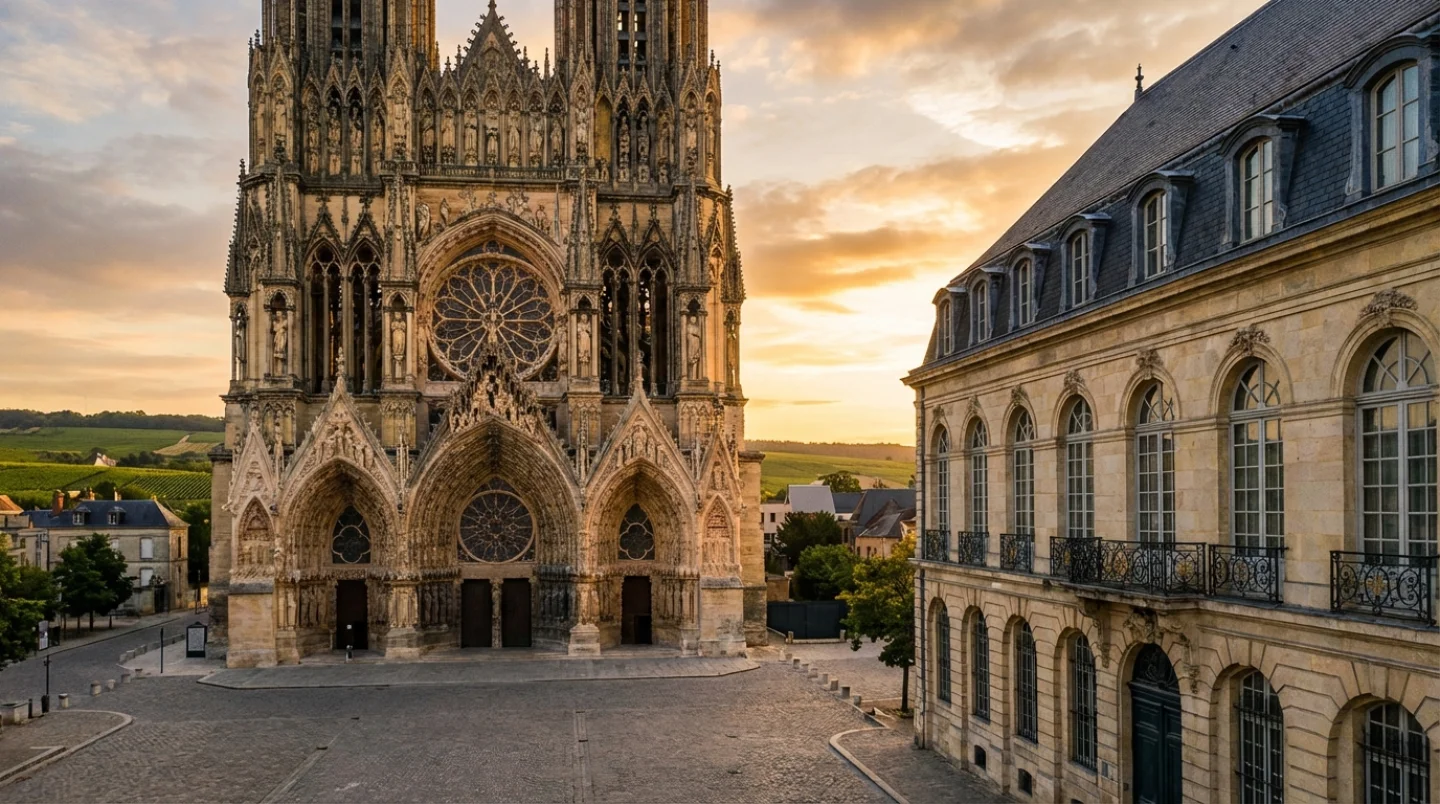 Magnificent facade of Reims Cathedral at golden hour in the Champagne region