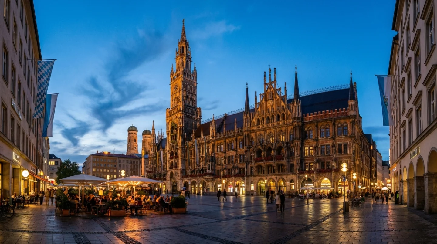 Grand Marienplatz in Munich at twilight with Gothic New Town Hall