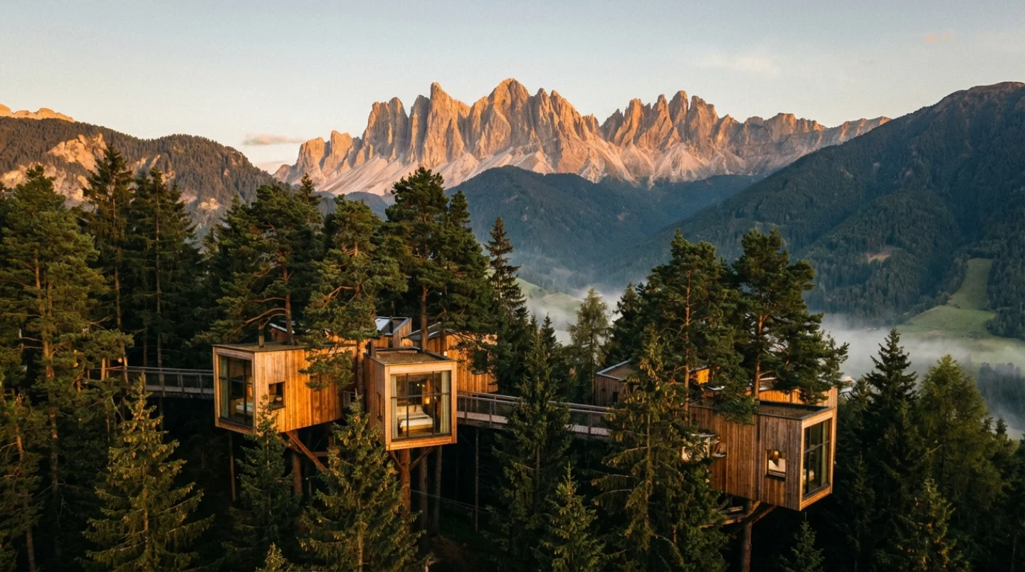 Enchanting treehouse hotel among pine trees in South Tyrol with Dolomite peaks