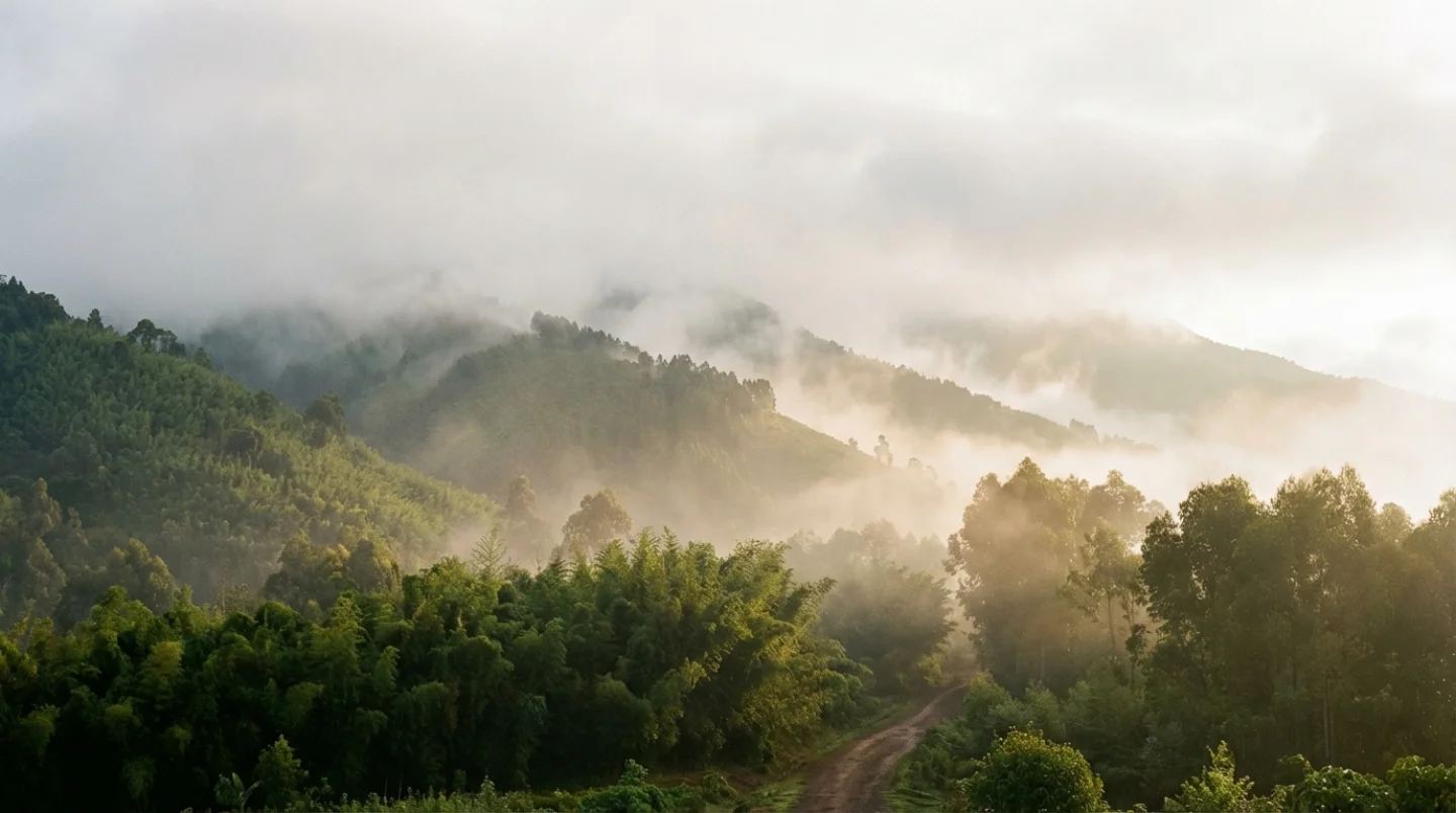 Misty morning in Volcanoes National Park Rwanda with bamboo rainforest