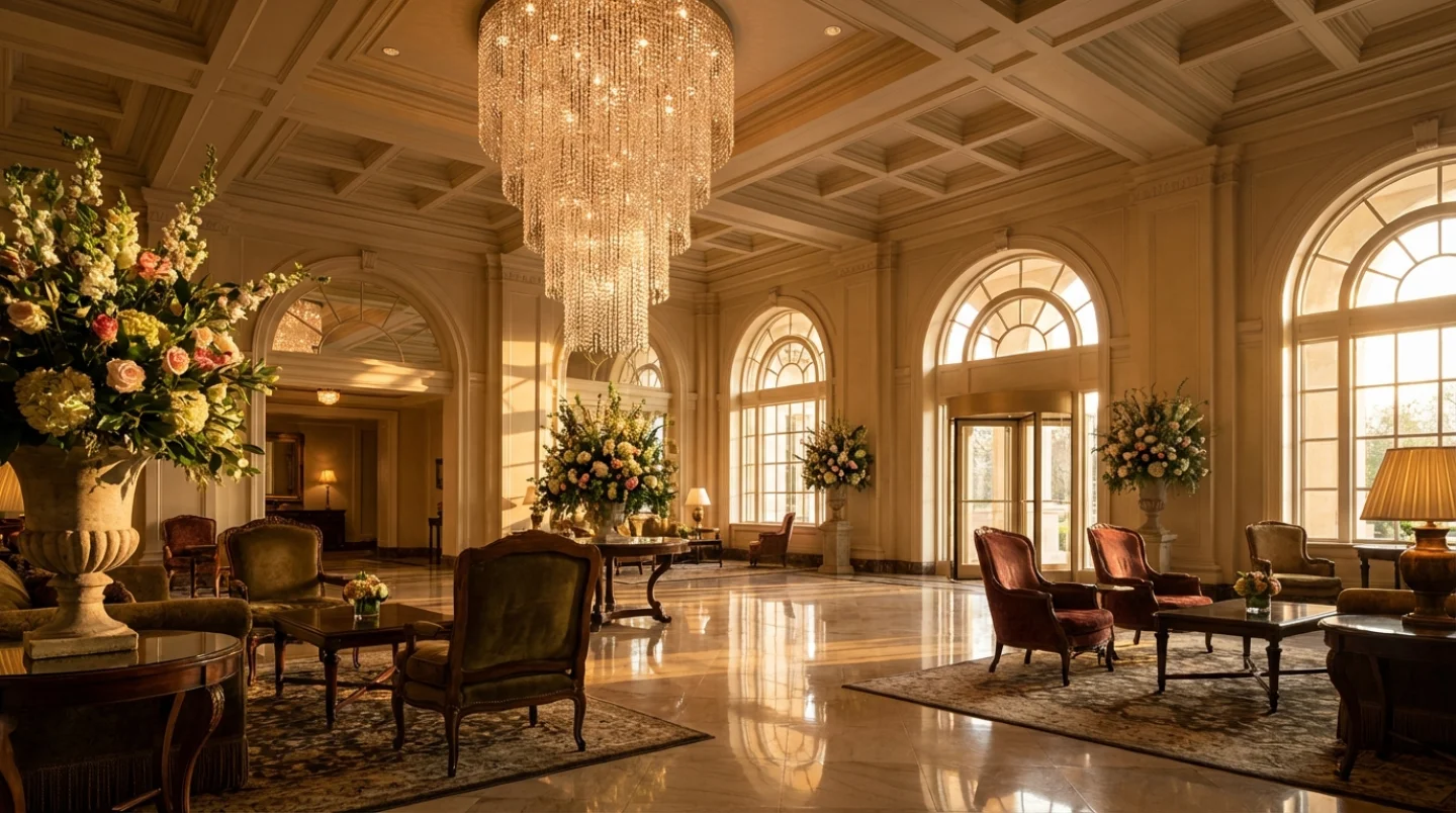 Opulent grand hotel lobby with magnificent crystal chandelier