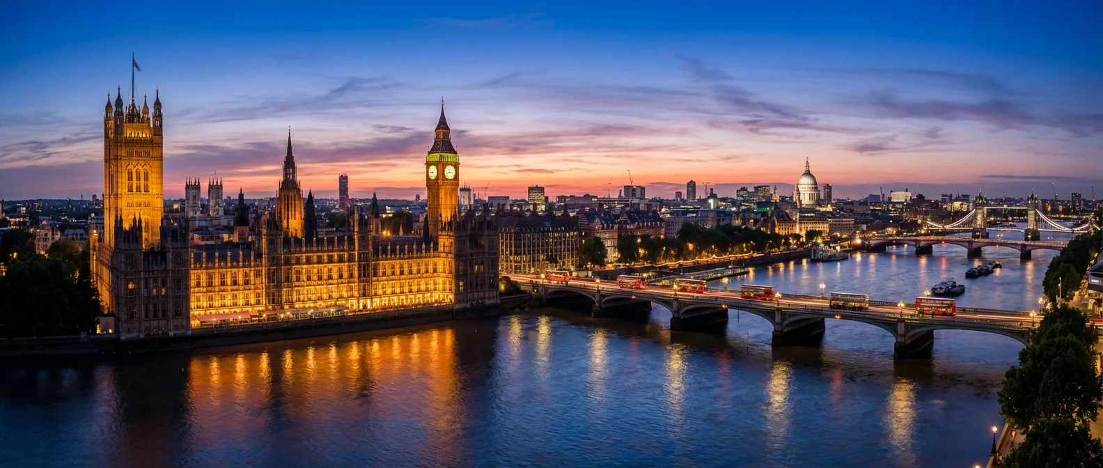 Classic London cityscape at blue hour with River Thames and historic landmarks