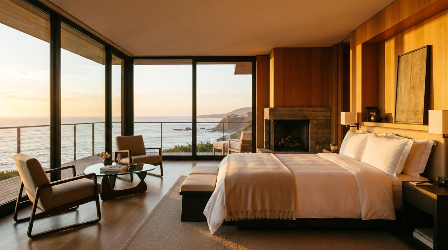 Luxury hotel suite with panoramic windows overlooking coastal sunset