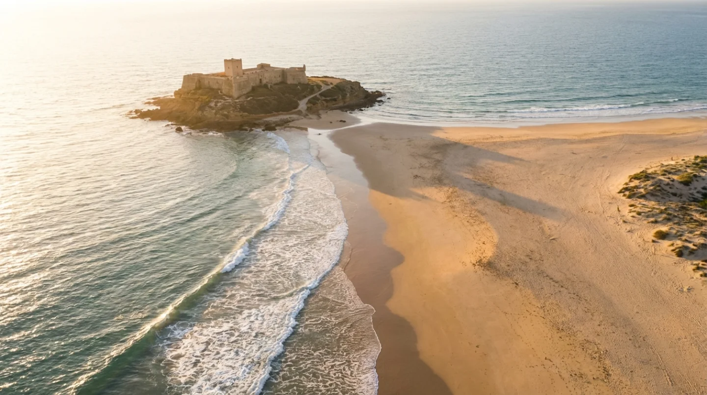 Aerial view of pristine Spanish beach at Sancti Petri with golden sand