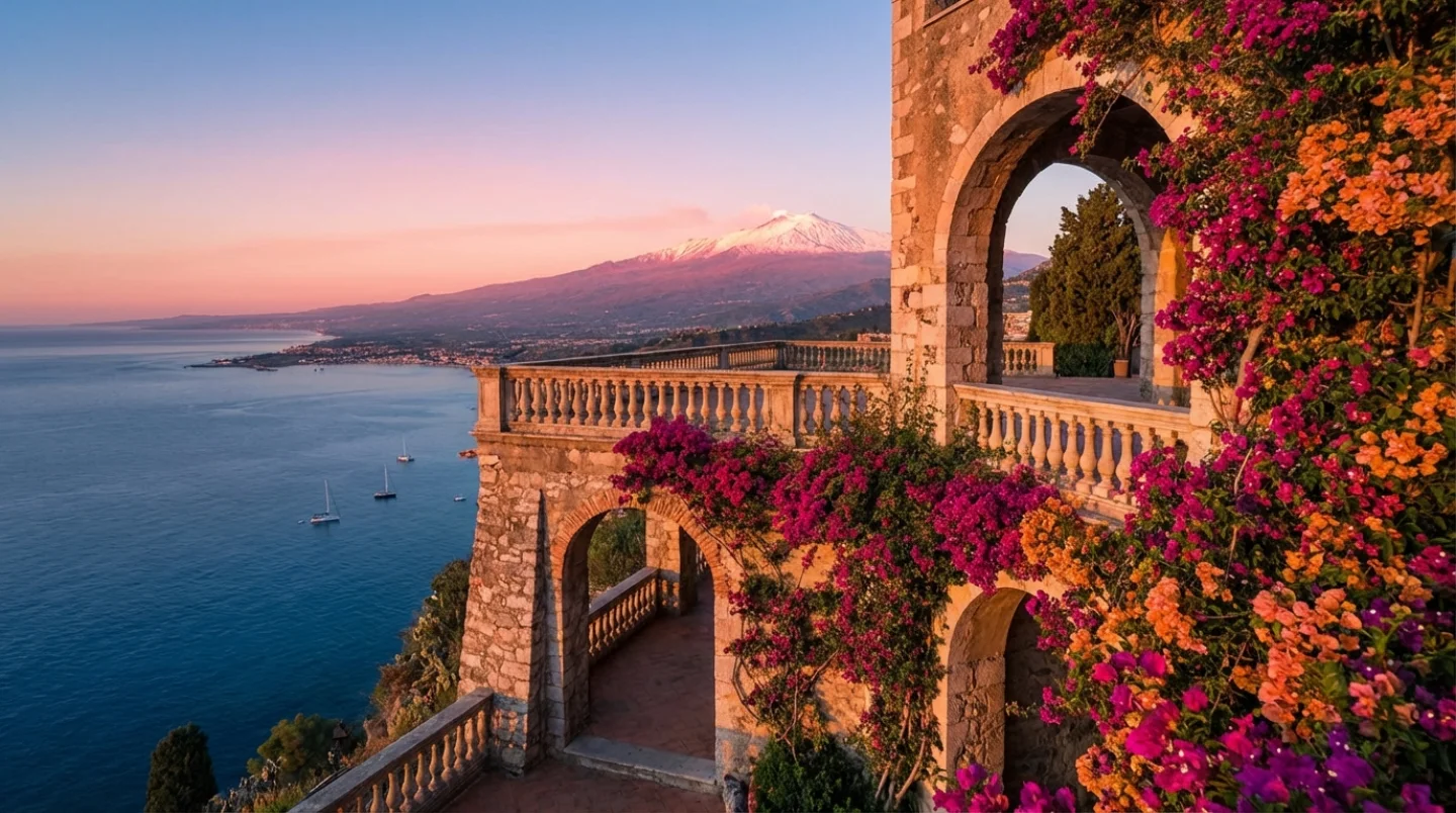 Breathtaking view from Taormina cliffside with Mount Etna and Ionian Sea