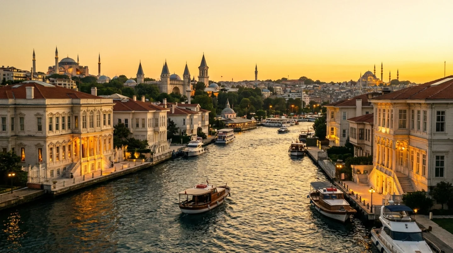 Stunning Bosphorus waterfront in Istanbul at sunset with Ottoman mansions