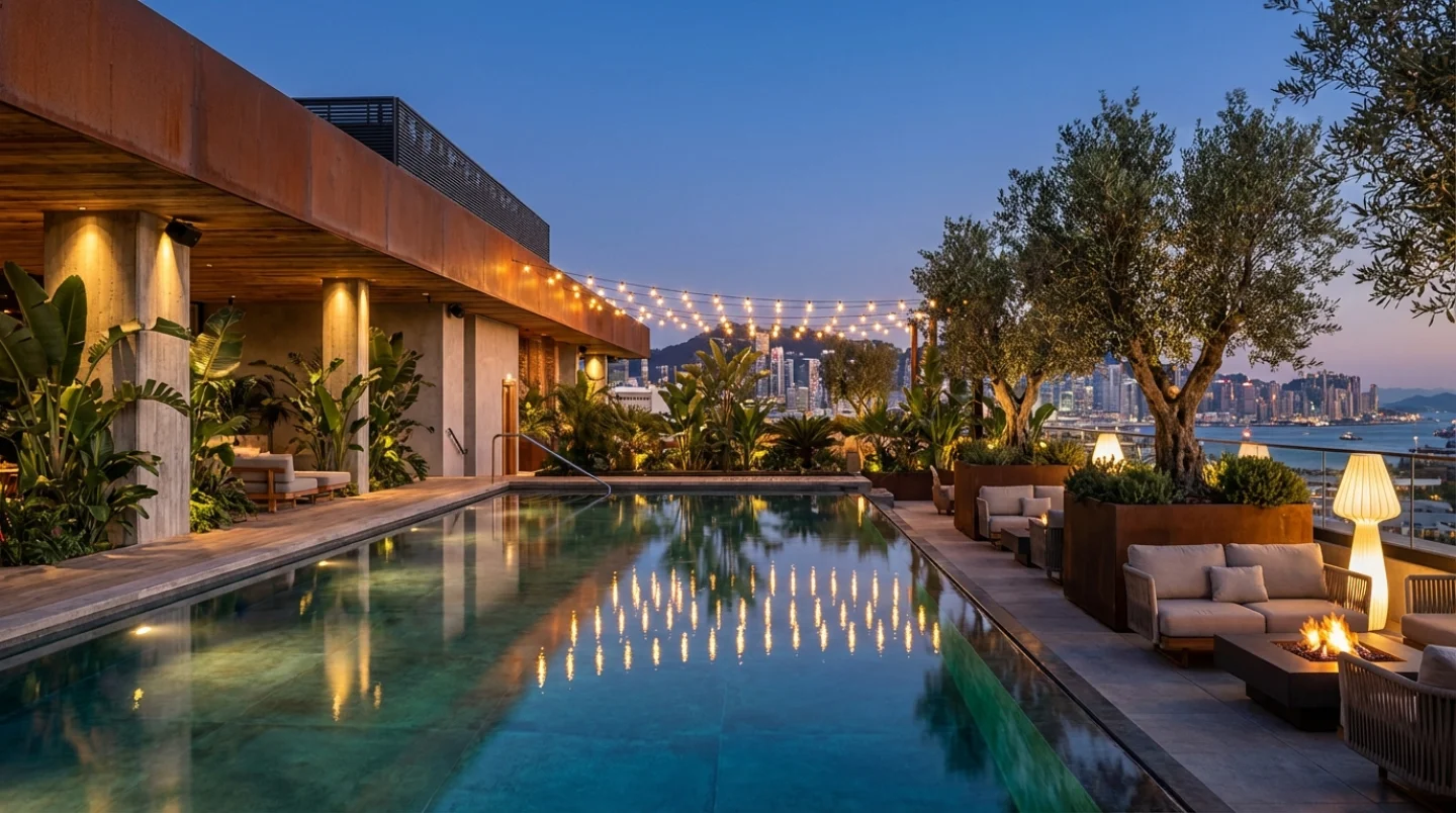 Chic rooftop terrace at dusk with pool and city skyline