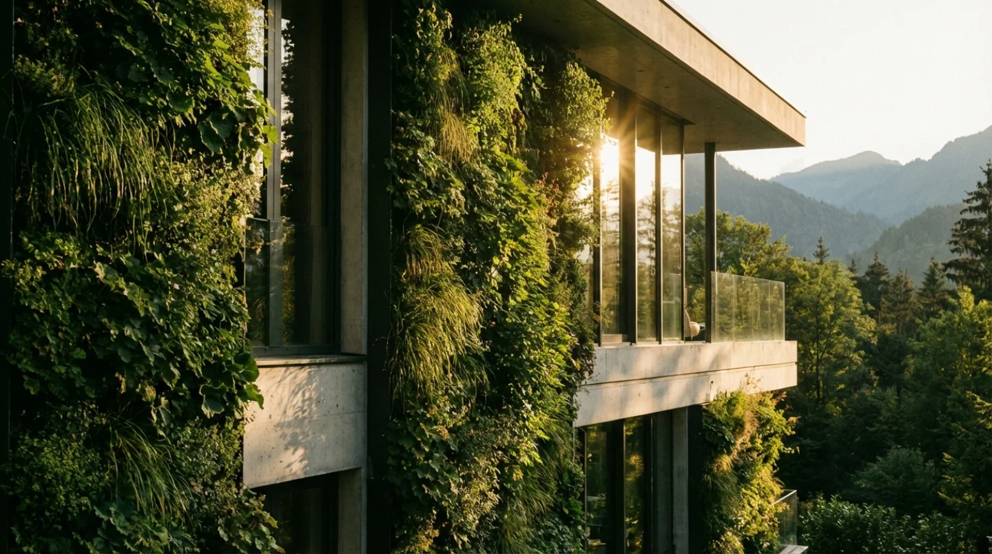 Modern building facade with vertical green gardens and living walls