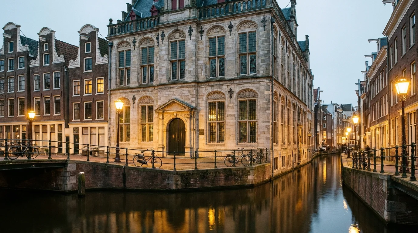Historic stone building between two Amsterdam canals with warm lamplight at dusk