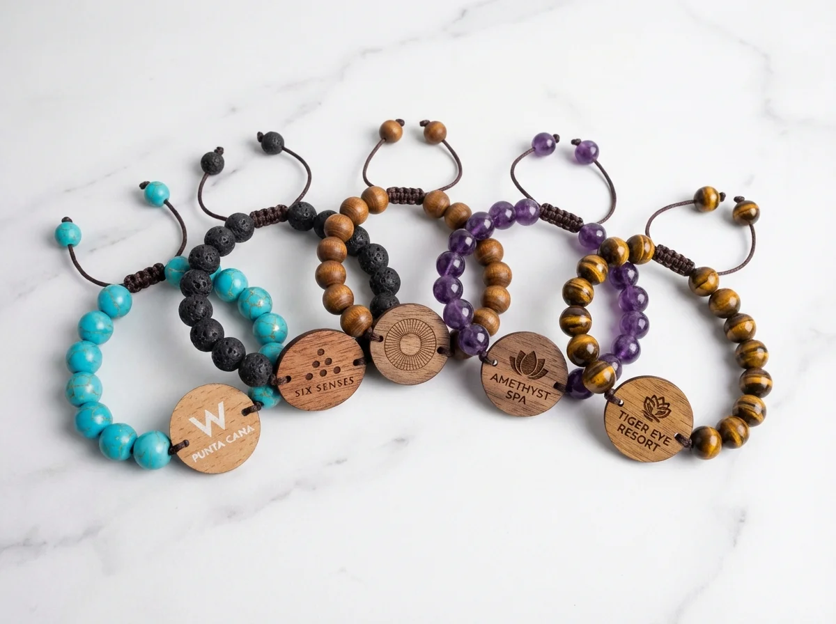Six beaded RFID wristbands on marble showing turquoise, amethyst, sandalwood, lava stone, malachite, and tiger eye beads with wooden RFID tags
