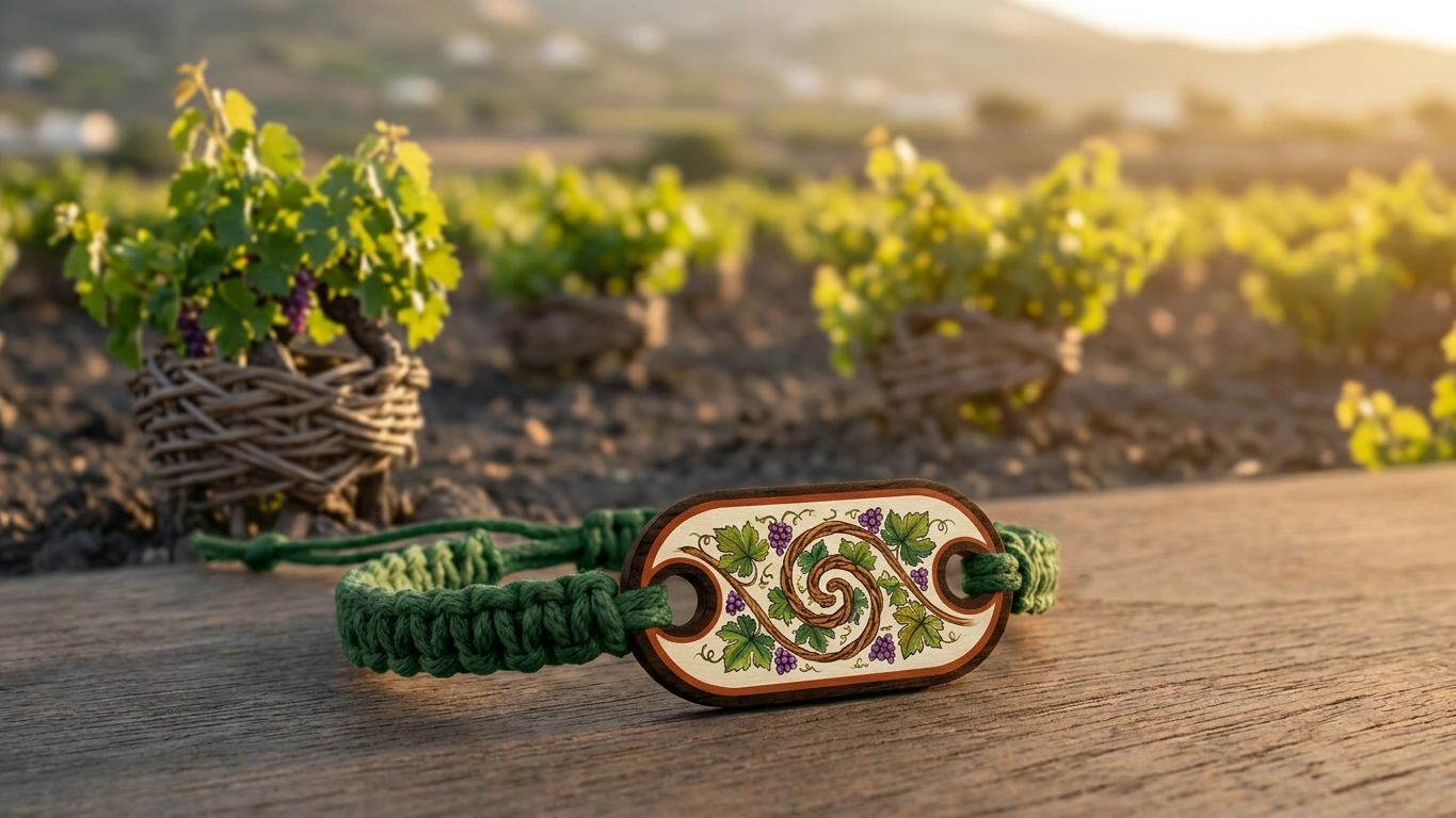 Assyrtiko vineyard RFID wristband by PrintPlast showing the basket-woven kouloura vines of Santorini — Santorini Collection