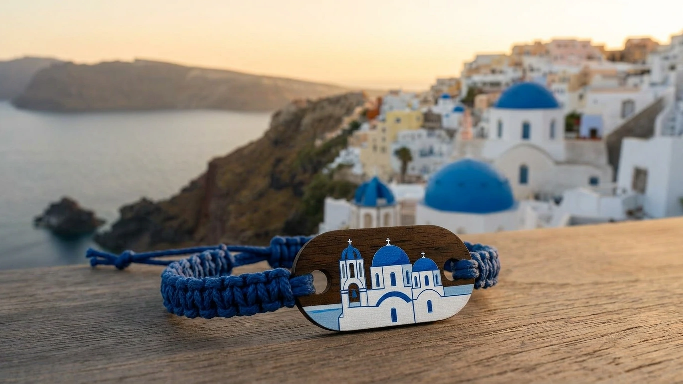 Cycladic blue dome wooden RFID wristband by PrintPlast overlooking the Oia caldera and whitewashed Santorini rooftops — Santorini Collection for hotels