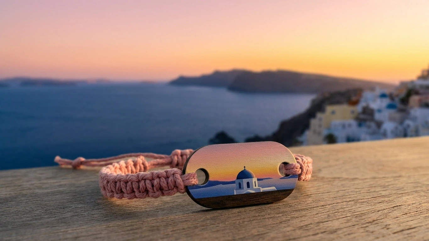 Oia sunset RFID wristband by PrintPlast in warm pink and gold caldera tones — Santorini Collection for honeymoon resorts