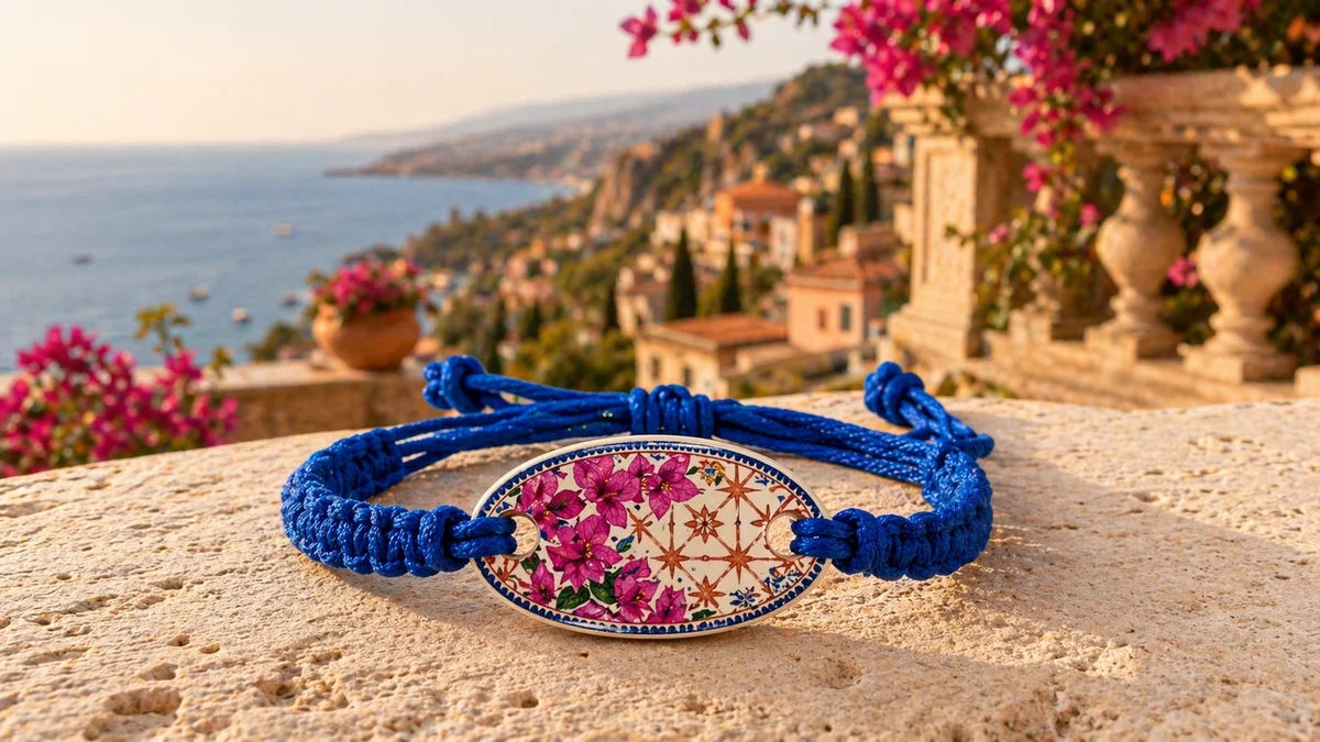 Bougainvillea terrace RFID wristband by PrintPlast with Mediterranean villa view — Sicily Collection for luxury resorts