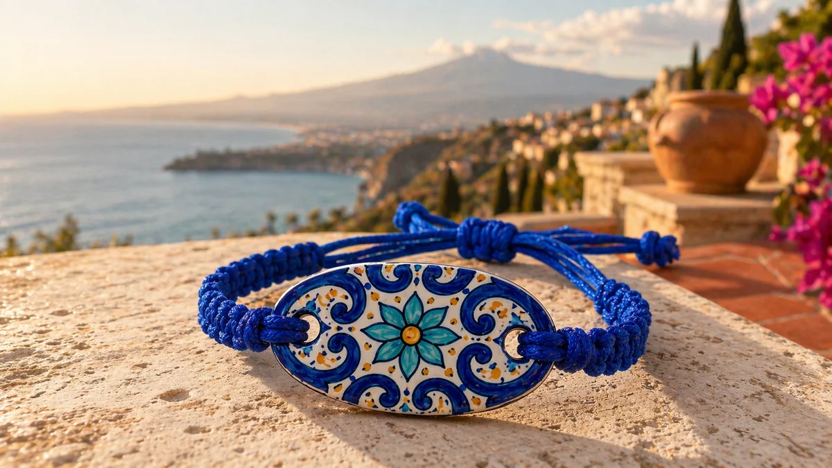 Sicilian majolica cobalt RFID wristband by PrintPlast with Mount Etna and Taormina coast in the background — Sicily Collection for hotels