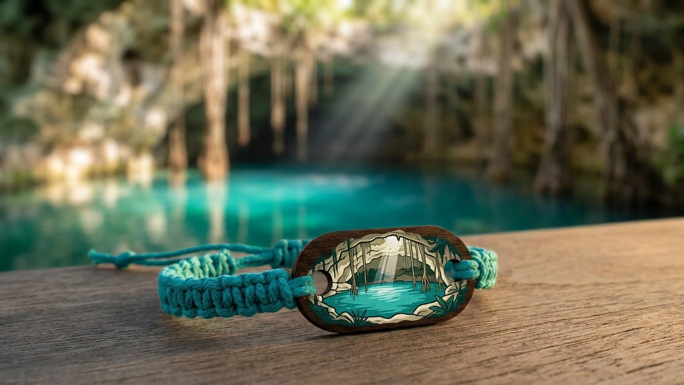 Cenote turquoise wooden RFID wristband by PrintPlast on a Tulum beach ledge with jungle palms and Caribbean sea behind — Tulum Collection for hotels