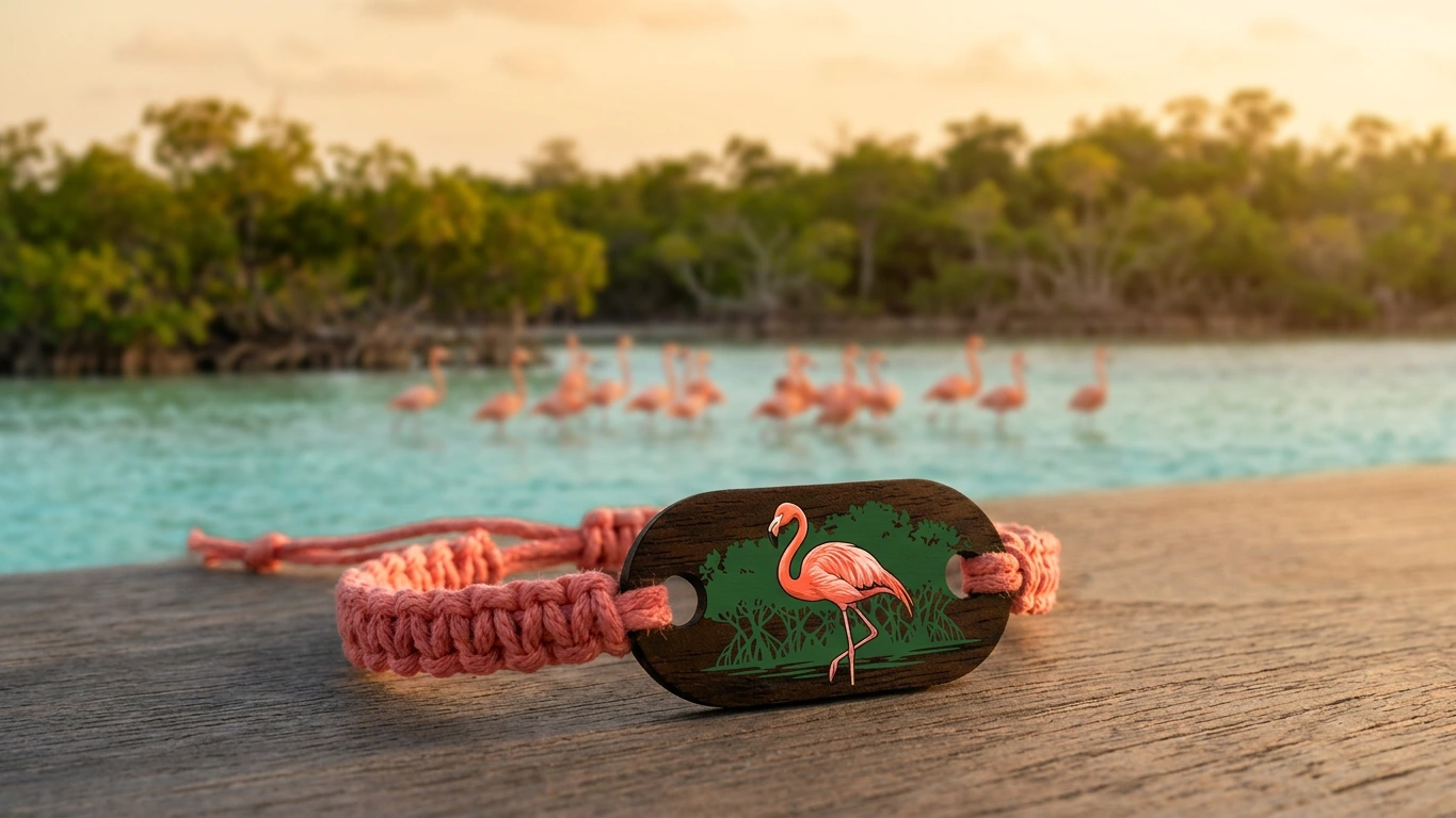 Sian Ka'an flamingo wooden RFID wristband by PrintPlast with the mangrove and flamingos of the biosphere reserve behind — Tulum Collection